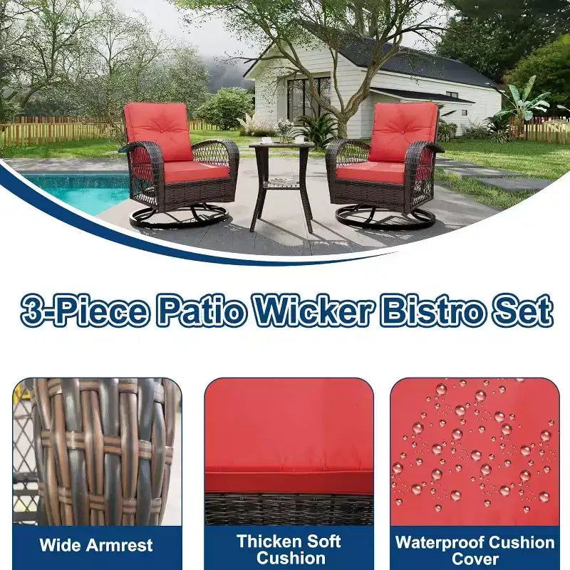 Ensemble de 3 chaises de patio pivotantes et basculantes avec 2 chaises pivotantes et basculantes à 360 degrés et une table en verre trempé, ensemble bistrot avec coussins épaissis
