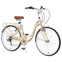 Vélo NAYSAYE 7 vitesses avec cadre en acier, vélo pour femme 24 pouces pour les trajets quotidiens et les loisirs en ville, beige, 62.2*23.62*40.16