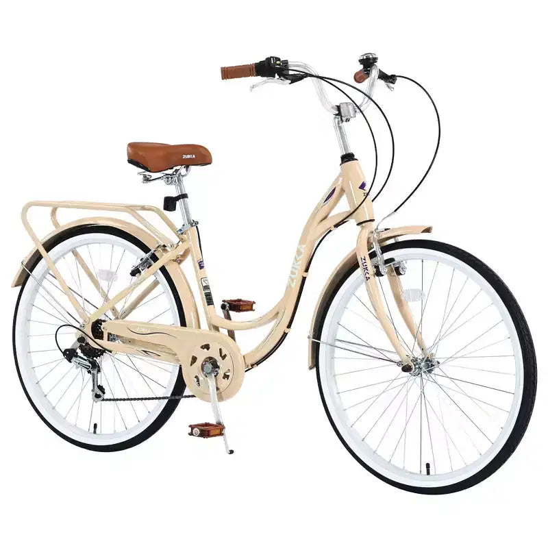 Vélo NAYSAYE 7 vitesses avec cadre en acier, vélo pour femme 24 pouces pour les trajets quotidiens et les loisirs en ville, beige, 62.2*23.62*40.16