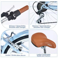 Vélo NAYSAYE 7 vitesses avec cadre en acier, vélo pour femme 24 pouces pour les trajets quotidiens et les loisirs en ville, beige, 62.2*23.62*40.16