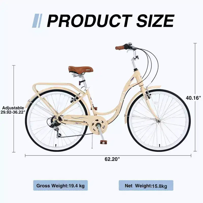Vélo NAYSAYE 7 vitesses avec cadre en acier, vélo pour femme 24 pouces pour les trajets quotidiens et les loisirs en ville, beige, 62.2*23.62*40.16