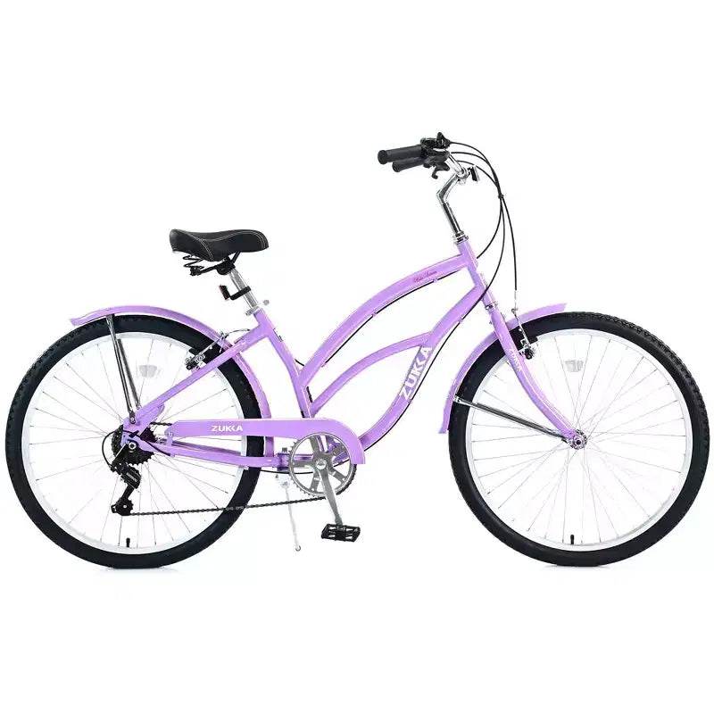 NAYSAYE Vélo de plage 7 vitesses 26 pouces, cadre en acier pour femme, pour des balades confortables, violet, 69,96*28,32*43,2