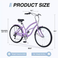 NAYSAYE Vélo de plage 7 vitesses 26 pouces, cadre en acier pour femme, pour des balades confortables, violet, 69,96*28,32*43,2