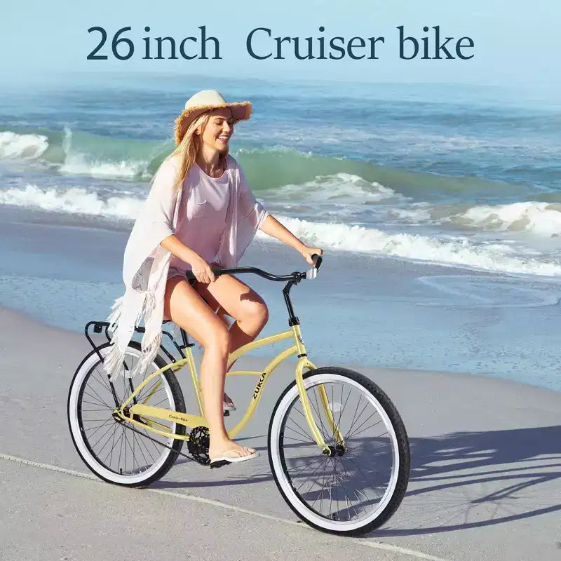 NAYSAYE Vélo de plage à vitesse unique 26 pouces pour femmes, cadre en acier, pour des balades décontractées, jaune, 69,29*25,98*39,37