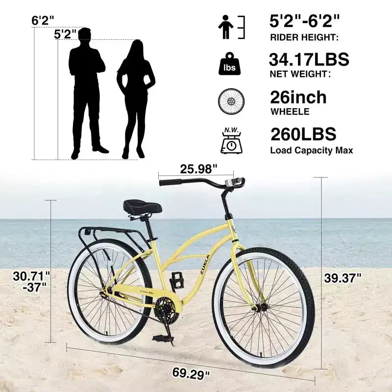 NAYSAYE Vélo de plage à vitesse unique 26 pouces pour femmes, cadre en acier, pour des balades décontractées, jaune, 69,29*25,98*39,37