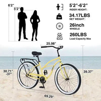 NAYSAYE Vélo de plage à vitesse unique 26 pouces pour femmes, cadre en acier, pour des balades décontractées, jaune, 69,29*25,98*39,37