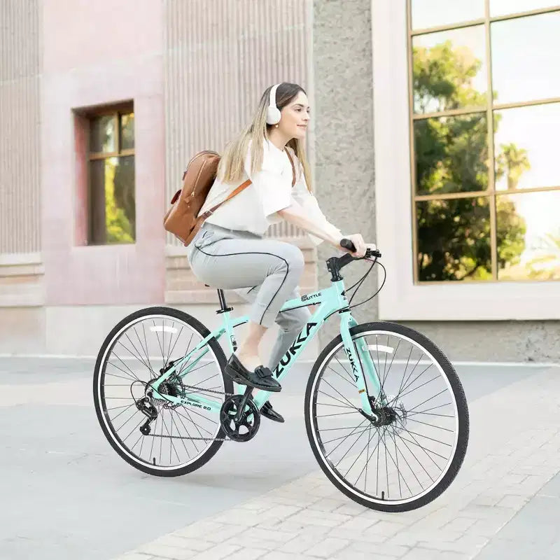 Vélo hybride NAYSAYE 7 vitesses à cadre en aluminium, doubles freins à disque pour les aventures urbaines, vert, 64,57*25,19*37,79