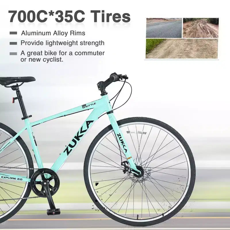 Vélo hybride NAYSAYE 7 vitesses à cadre en aluminium, doubles freins à disque pour les aventures urbaines, vert, 64,57*25,19*37,79
