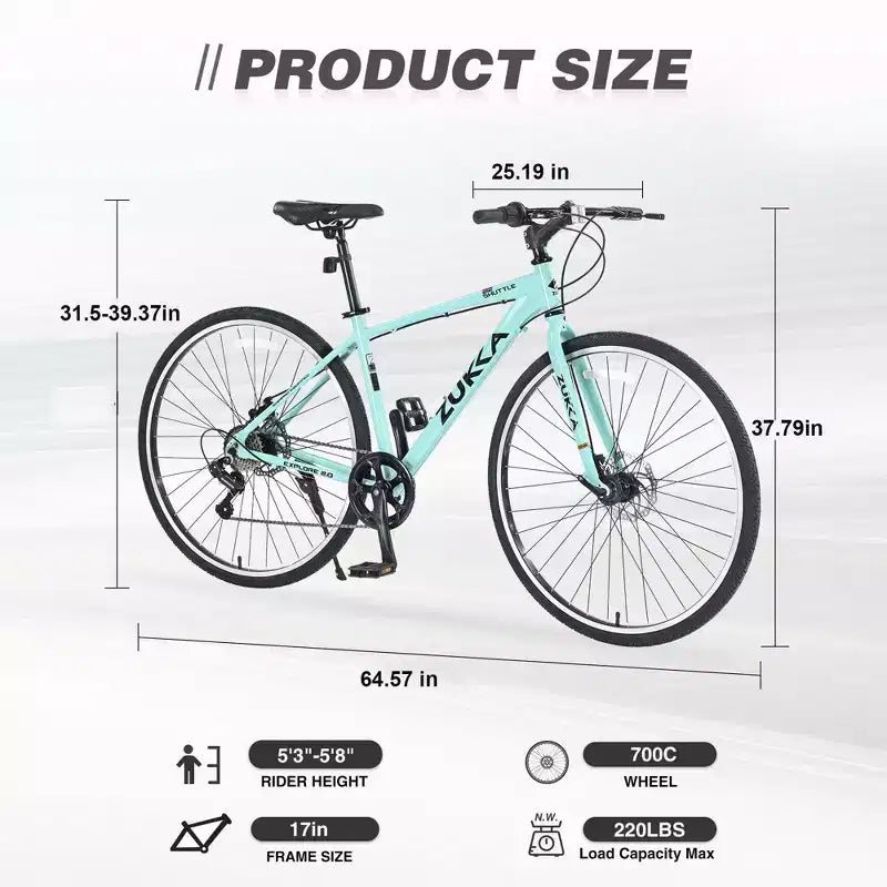 Vélo hybride NAYSAYE 7 vitesses à cadre en aluminium, doubles freins à disque pour les aventures urbaines, vert, 64,57*25,19*37,79
