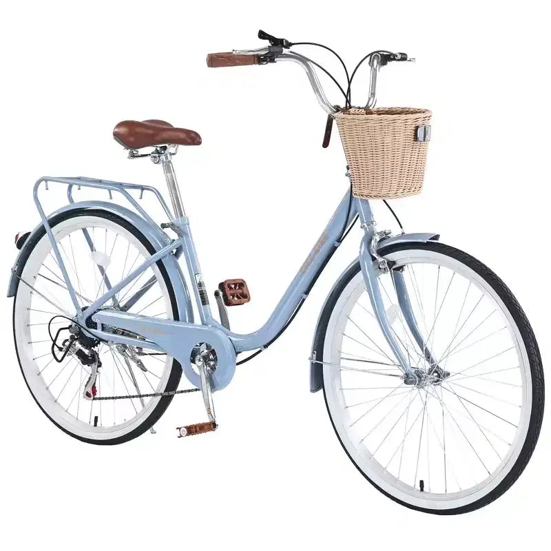 NAYSAYE Vélo de ville 7 vitesses avec panier, cadre en acier pour filles pour les trajets quotidiens et les loisirs, Bleu, 170*63*105