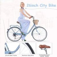 NAYSAYE Vélo de ville 7 vitesses avec panier, cadre en acier pour filles pour les trajets quotidiens et les loisirs, Bleu, 170*63*105