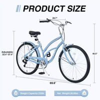 NAYSAYE Vélo 7 vitesses 26 pouces Beach Cruiser Cadre en acier pour femme pour des trajets confortables, Bleu clair, 69.96*28.32*43.2