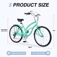 NAYSAYE Vélo de plage 26 pouces pour adultes, 7 vitesses, cadre en acier pour femmes, pour des promenades confortables, vert menthe, 69,6*28,5*40,5