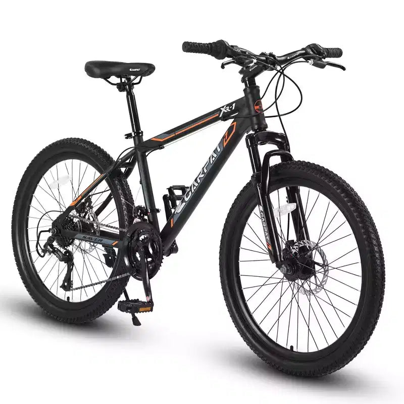 NAYSAYE Vélo VTT 24 Pouces, 21 Vitesses, Cadre en Acier pour Garçons et Filles, pour Aventures Tout-Terrain, Noir et Orange, 56,3 x 7,88 x 28,35