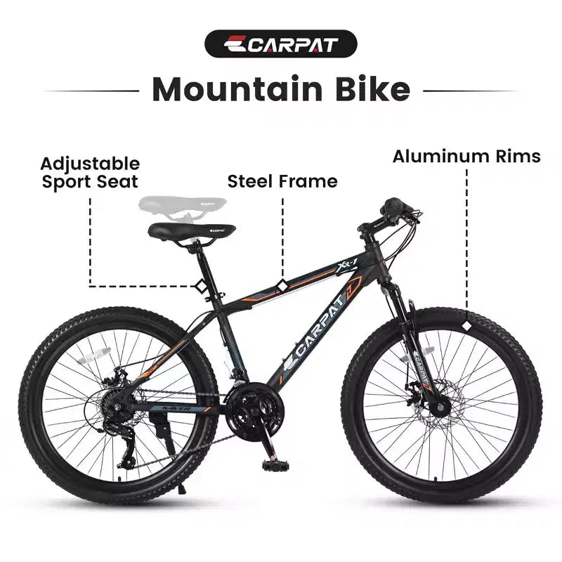 NAYSAYE Vélo VTT 24 Pouces, 21 Vitesses, Cadre en Acier pour Garçons et Filles, pour Aventures Tout-Terrain, Noir et Orange, 56,3 x 7,88 x 28,35