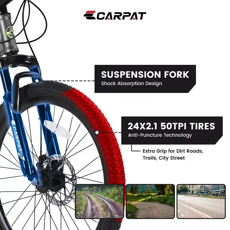 NAYSAYE Vélo VTT 24 Pouces 21 Vitesses Cadre en Acier pour Garçons et Filles pour Aventures Tout-Terrain, Gris, 56,3*7,88*28,35