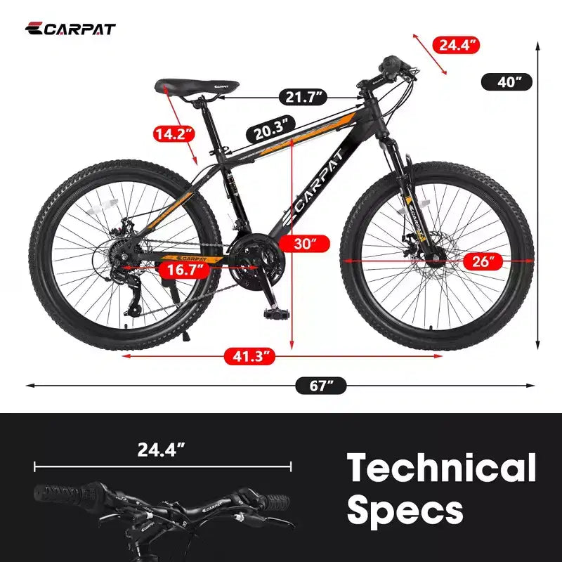 Vélo NAYSAYE 26 pouces tout terrain 21 vitesses à freins à disque mécaniques pour le tout terrain, orange, 71*25*39,3