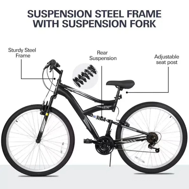 hykolity VTT 27,5 pouces Vélo Tout-Terrain 18 Vitesses Sport Pleine Suspension pour Hommes Adultes Unisexe Noir