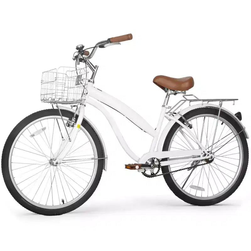 hykolity Vélo de plage 26 pouces, vélo de ville, vélo de navette pour femme adulte de 152 à 183 cm, panier avant, porte-bagages arrière, blanc pâle