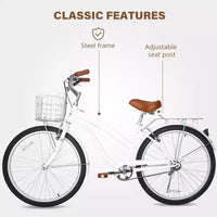 hykolity Vélo de plage 26 pouces, vélo de ville, vélo de navette pour femme adulte de 152 à 183 cm, panier avant, porte-bagages arrière, blanc pâle
