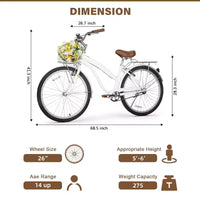 hykolity Vélo de plage 26 pouces, vélo de ville, vélo de navette pour femme adulte de 152 à 183 cm, panier avant, porte-bagages arrière, blanc pâle