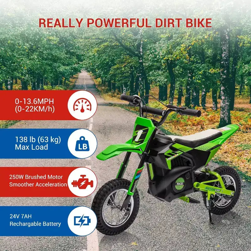 Moto électrique tout-terrain 24 V pour enfants Moteur 250 W Pneus gonflables Suspension métallique Vitesse max. 22 km/h Charge 63 kg pour les 6 ans et plus Jouet à piloter