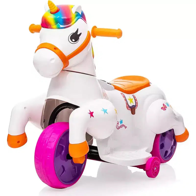 Sandinrayli Véhicule Électrique Licorne 6V pour Enfants, Tricycle à 3 Roues pour Tout-Petits, Coloré