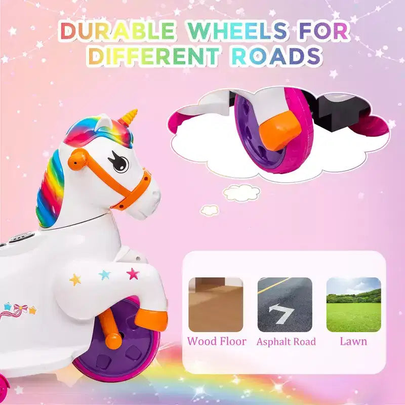 Sandinrayli Véhicule Électrique Licorne 6V pour Enfants, Tricycle à 3 Roues pour Tout-Petits, Coloré