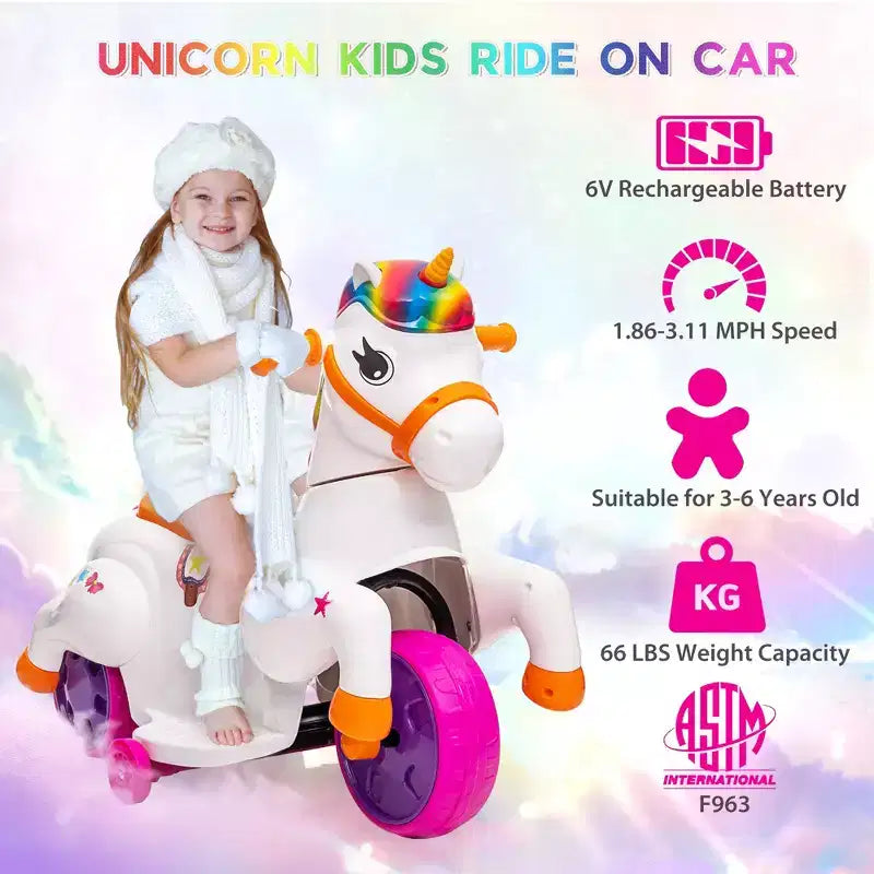 Sandinrayli Véhicule Électrique Licorne 6V pour Enfants, Tricycle à 3 Roues pour Tout-Petits, Coloré