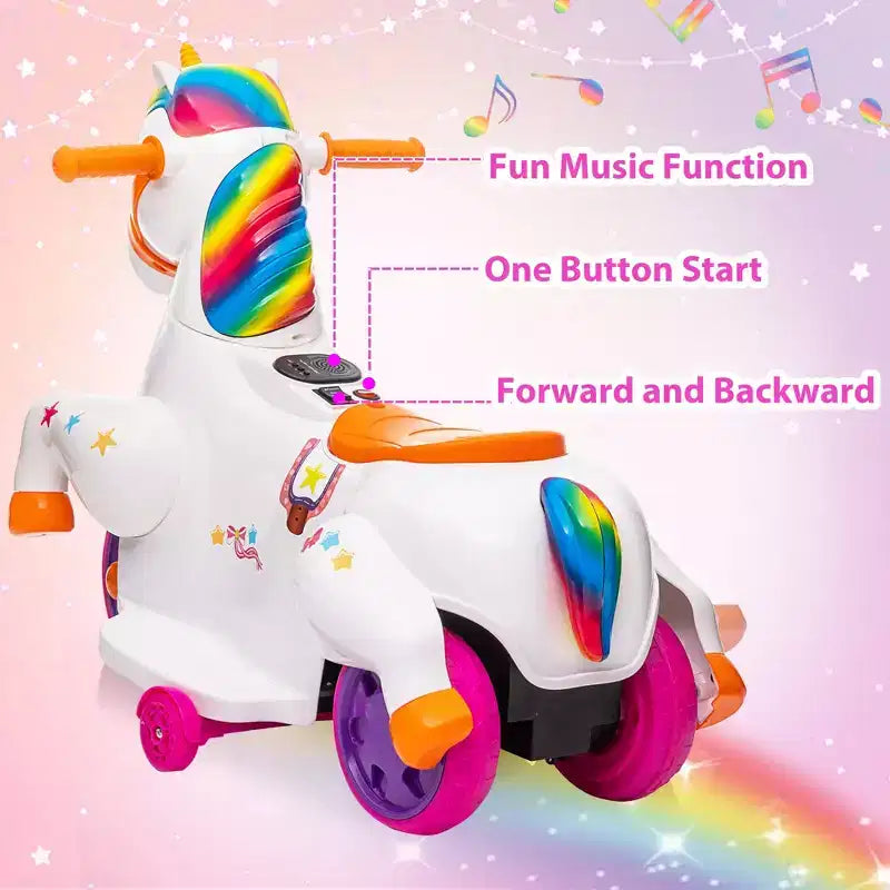 Sandinrayli Véhicule Électrique Licorne 6V pour Enfants, Tricycle à 3 Roues pour Tout-Petits, Coloré