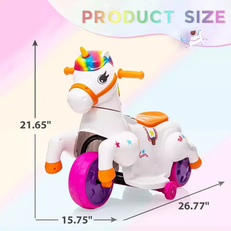 Sandinrayli Véhicule Électrique Licorne 6V pour Enfants, Tricycle à 3 Roues pour Tout-Petits, Coloré