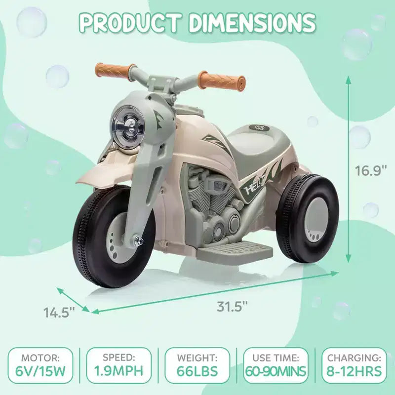 Moto électrique 6V pour enfants avec lumières LED et musique, pédale, marche avant/arrière, supporte jusqu'à 30 kg, pour les 3 ans et plus (solution à bulles non incluse)