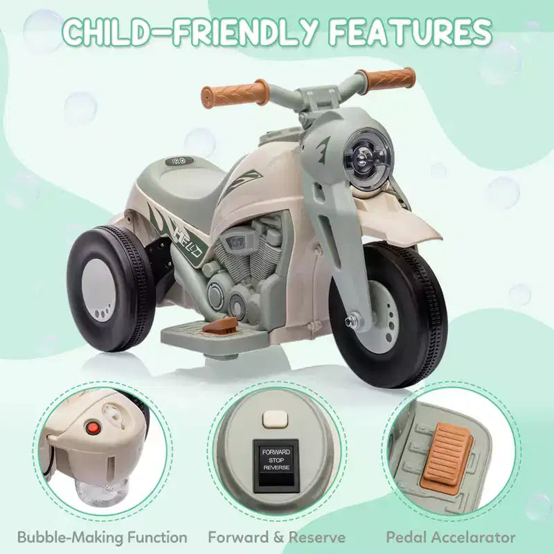 Moto électrique 6V pour enfants avec lumières LED et musique, pédale, marche avant/arrière, supporte jusqu'à 30 kg, pour les 3 ans et plus (solution à bulles non incluse)