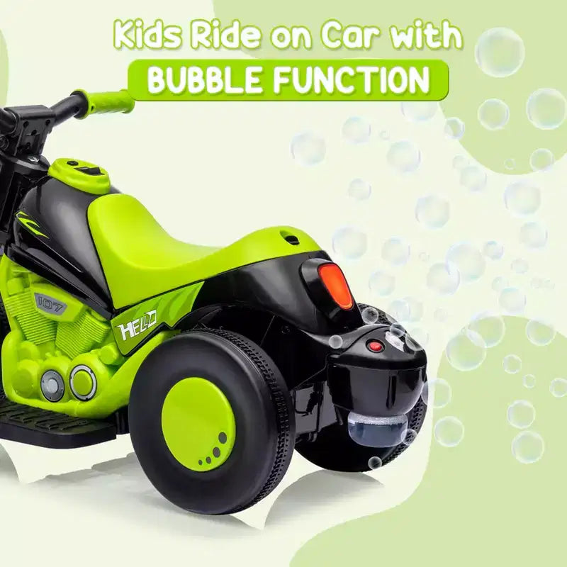Moto électrique 6V pour enfants avec lumières LED et musique, pédale, marche avant/arrière, supporte jusqu'à 30 kg, pour les 3 ans et plus (solution à bulles non incluse)