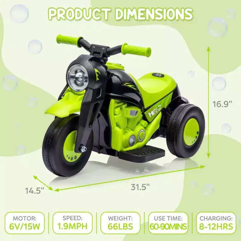 Moto électrique 6V pour enfants avec lumières LED et musique, pédale, marche avant/arrière, supporte jusqu'à 30 kg, pour les 3 ans et plus (solution à bulles non incluse)