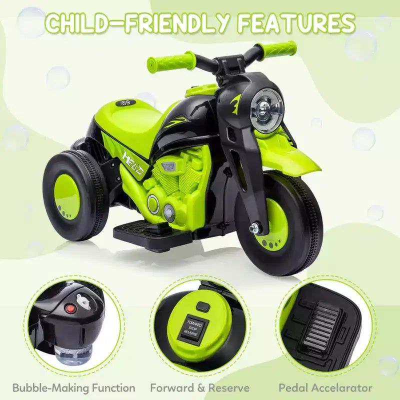 Moto électrique 6V pour enfants avec lumières LED et musique, pédale, marche avant/arrière, supporte jusqu'à 30 kg, pour les 3 ans et plus (solution à bulles non incluse)