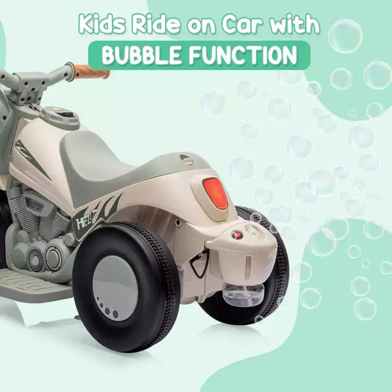 Moto électrique 6V pour enfants avec lumières LED et musique, pédale, marche avant/arrière, supporte jusqu'à 30 kg, pour les 3 ans et plus (solution à bulles non incluse)