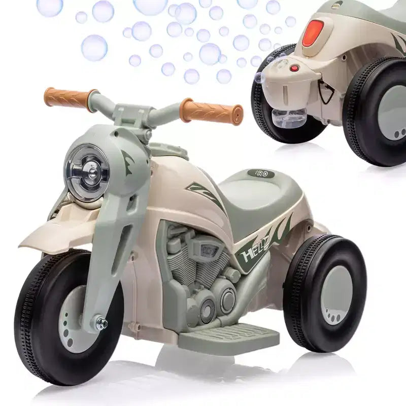 Moto électrique 6V pour enfants avec lumières LED et musique, pédale, marche avant/arrière, supporte jusqu'à 30 kg, pour les 3 ans et plus (solution à bulles non incluse)