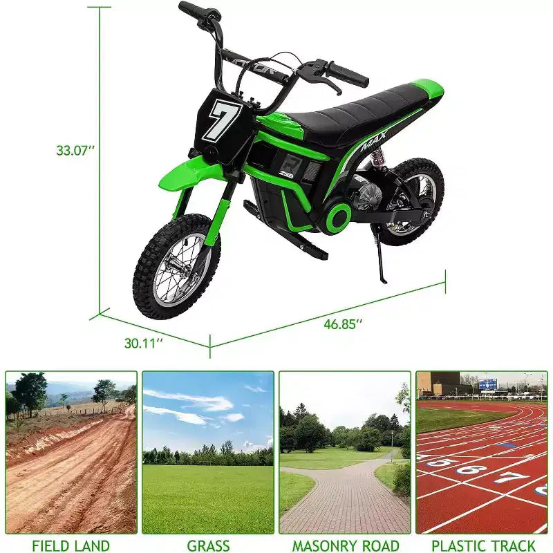 Mini-moto électrique tout-terrain 24V pour enfants, moteur 350W, 3 vitesses (8-23 km/h), suspension hydraulique, capacité de 61 kg pour les 8-12 ans, autonomie de 90 min
