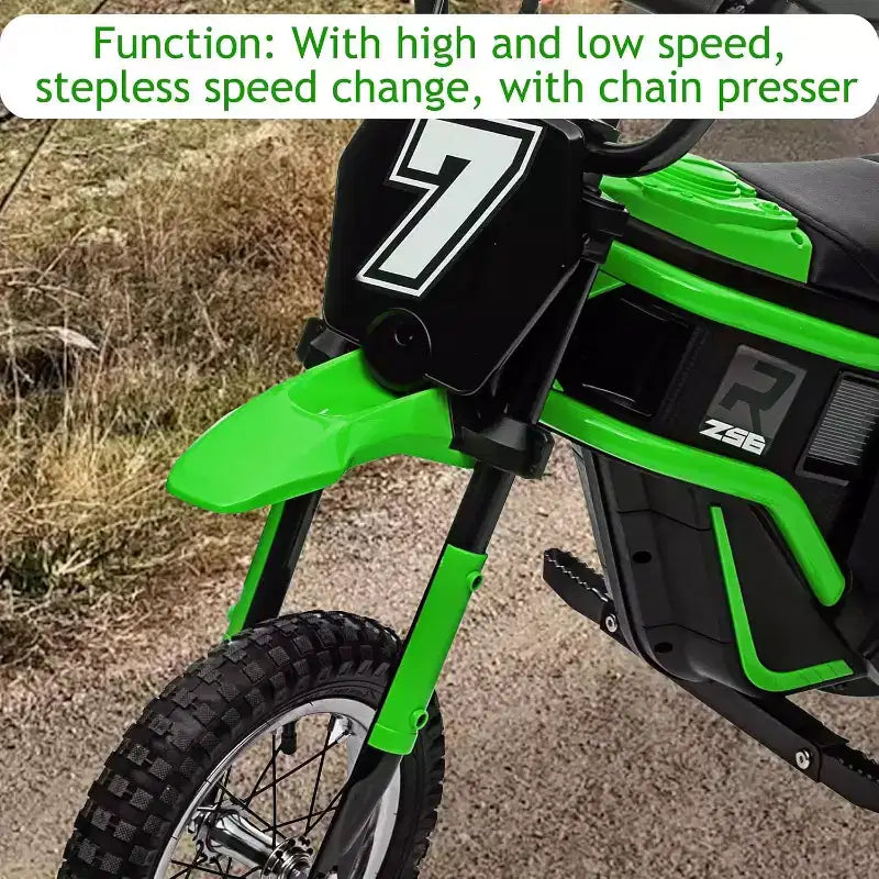 Mini-moto électrique tout-terrain 24V pour enfants, moteur 350W, 3 vitesses (8-23 km/h), suspension hydraulique, capacité de 61 kg pour les 8-12 ans, autonomie de 90 min