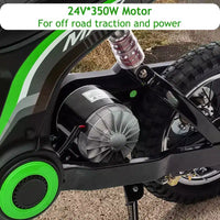 Mini-moto électrique tout-terrain 24V pour enfants, moteur 350W, 3 vitesses (8-23 km/h), suspension hydraulique, capacité de 61 kg pour les 8-12 ans, autonomie de 90 min