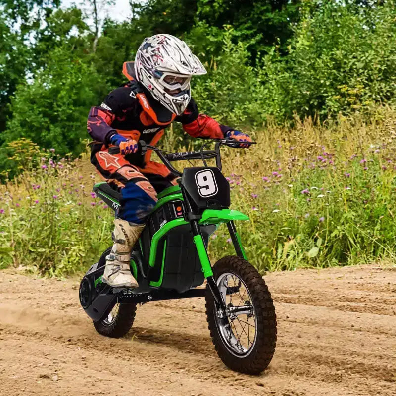 Mini-moto électrique tout-terrain 24V pour enfants, moteur 350W, 3 vitesses (8-23 km/h), suspension hydraulique, capacité de 61 kg pour les 8-12 ans, autonomie de 90 min