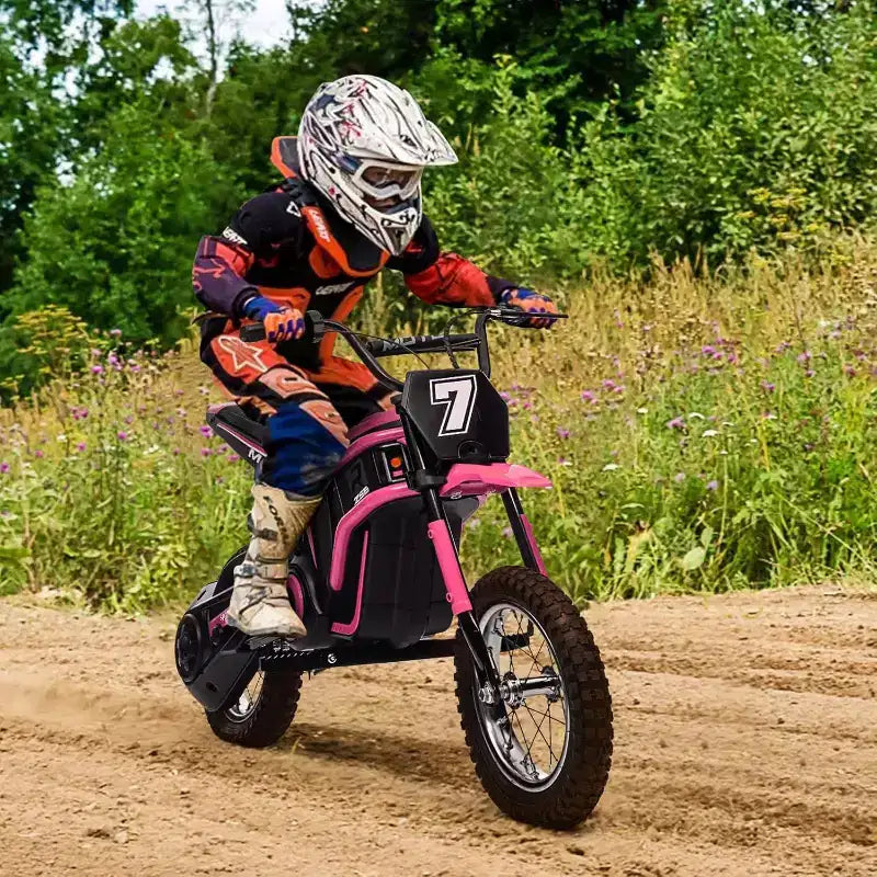 Mini-moto électrique tout-terrain 24V pour enfants, moteur 350W, 3 vitesses (8-23 km/h), suspension hydraulique, capacité de 61 kg pour les 8-12 ans, autonomie de 90 min