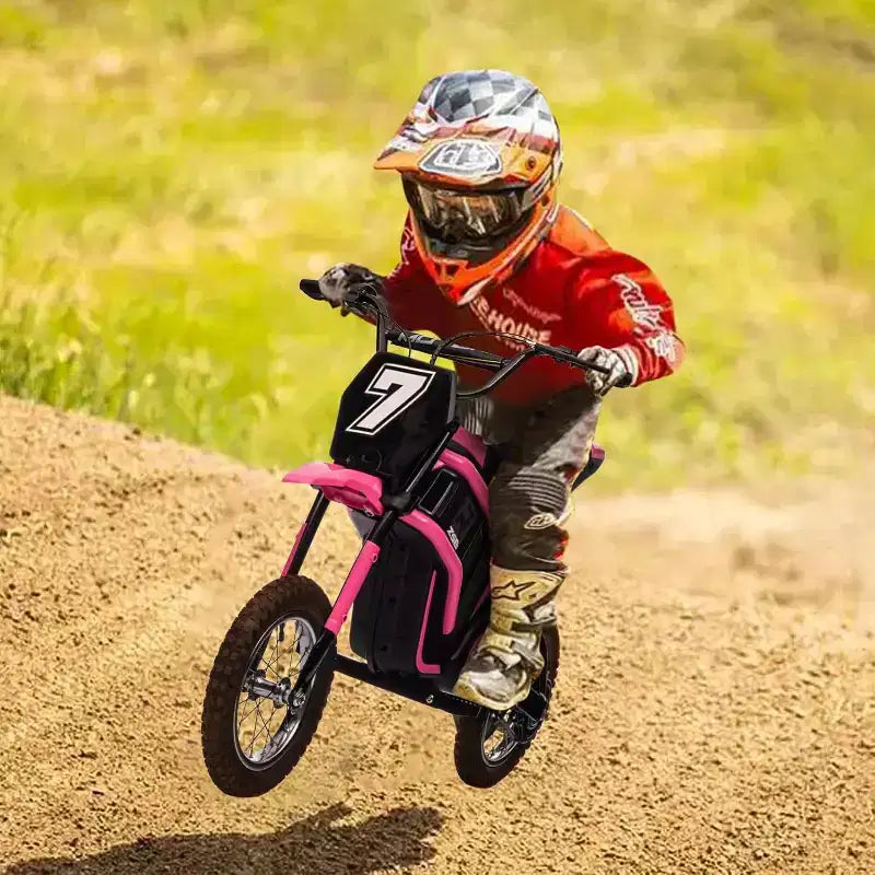 Mini-moto électrique tout-terrain 24V pour enfants, moteur 350W, 3 vitesses (8-23 km/h), suspension hydraulique, capacité de 61 kg pour les 8-12 ans, autonomie de 90 min