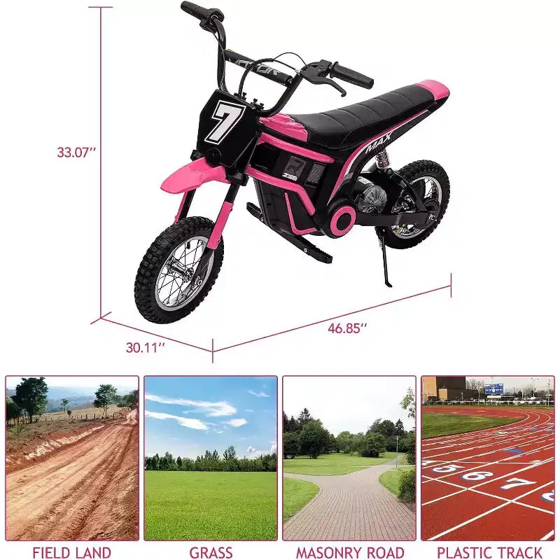 Mini-moto électrique tout-terrain 24V pour enfants, moteur 350W, 3 vitesses (8-23 km/h), suspension hydraulique, capacité de 61 kg pour les 8-12 ans, autonomie de 90 min