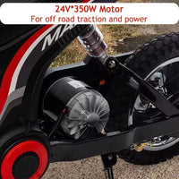 Mini-moto électrique tout-terrain 24V pour enfants, moteur 350W, 3 vitesses (8-23 km/h), suspension hydraulique, capacité de 61 kg pour les 8-12 ans, autonomie de 90 min