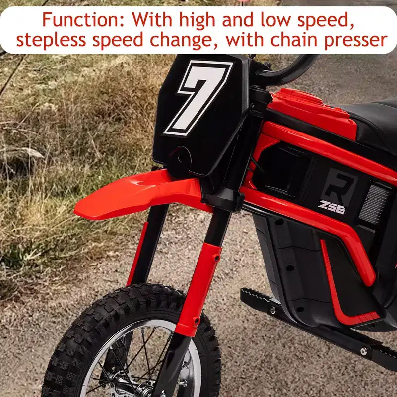 Mini-moto électrique tout-terrain 24V pour enfants, moteur 350W, 3 vitesses (8-23 km/h), suspension hydraulique, capacité de 61 kg pour les 8-12 ans, autonomie de 90 min