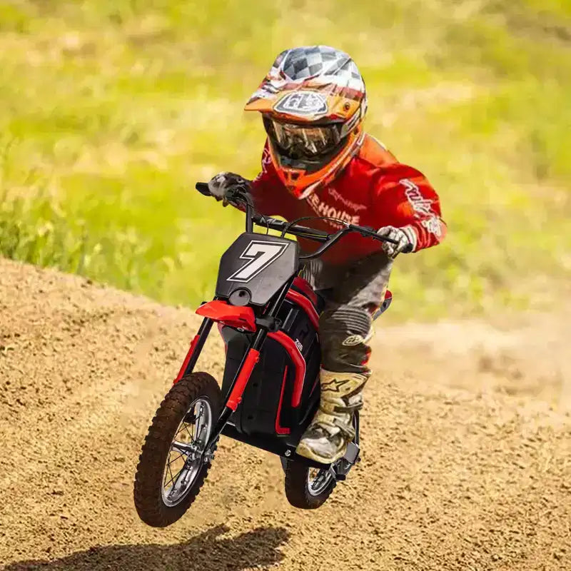 Mini-moto électrique tout-terrain 24V pour enfants, moteur 350W, 3 vitesses (8-23 km/h), suspension hydraulique, capacité de 61 kg pour les 8-12 ans, autonomie de 90 min
