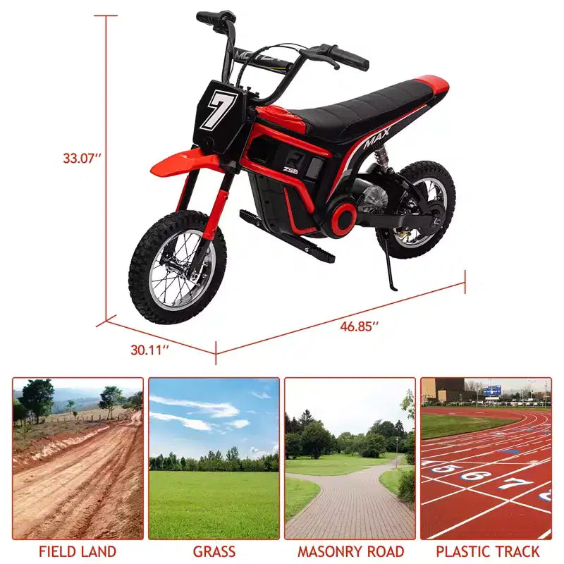 Mini-moto électrique tout-terrain 24V pour enfants, moteur 350W, 3 vitesses (8-23 km/h), suspension hydraulique, capacité de 61 kg pour les 8-12 ans, autonomie de 90 min