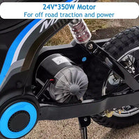Mini-moto électrique tout-terrain 24V pour enfants, moteur 350W, 3 vitesses (8-23 km/h), suspension hydraulique, capacité de 61 kg pour les 8-12 ans, autonomie de 90 min